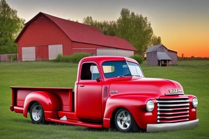 A rustic red and white '53 5-window GMC pickup parked at an angle in front of a red barn with the setting sun in the background. The setting sun is shaped like a sunflower. tattoo idea