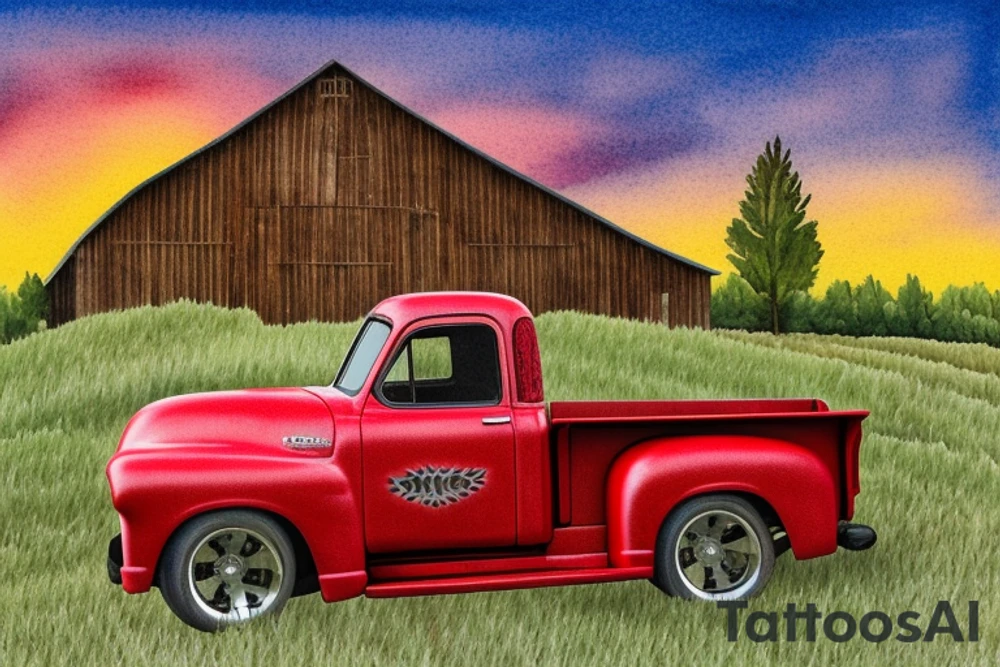 A rustic red and white '53 5-window GMC pickup parked at an angle in front of a red barn with the setting sun in the background. The setting sun is shaped like a sunflower. tattoo idea