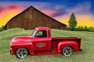 A rustic red and white '53 5-window GMC pickup parked at an angle in front of a red barn with the setting sun in the background. The setting sun is shaped like a sunflower. tattoo idea