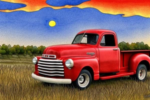 A rustic red and white '53 5-window GMC long bed pickup parked at an angle in front of a red barn with the setting sun in the background. The setting sun is shaped like a sunflower. tattoo idea