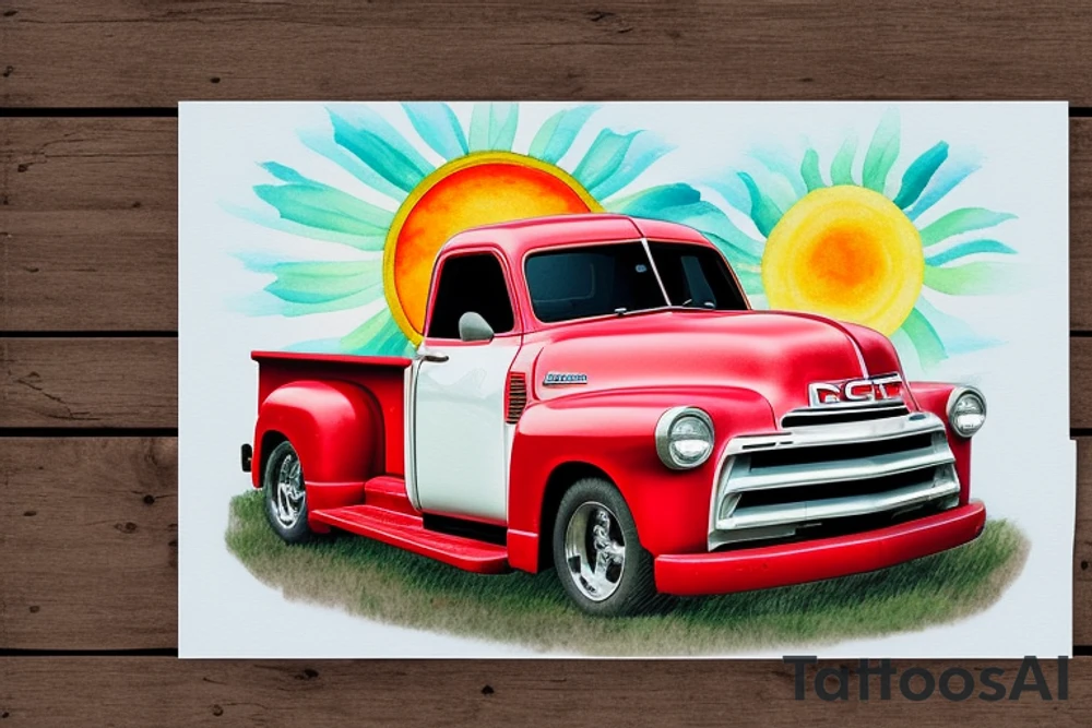 A rustic red and white '53 5-window GMC long bed pickup parked at an angle in front of a red barn with the setting sun in the background. The setting sun is shaped like a sunflower. tattoo idea