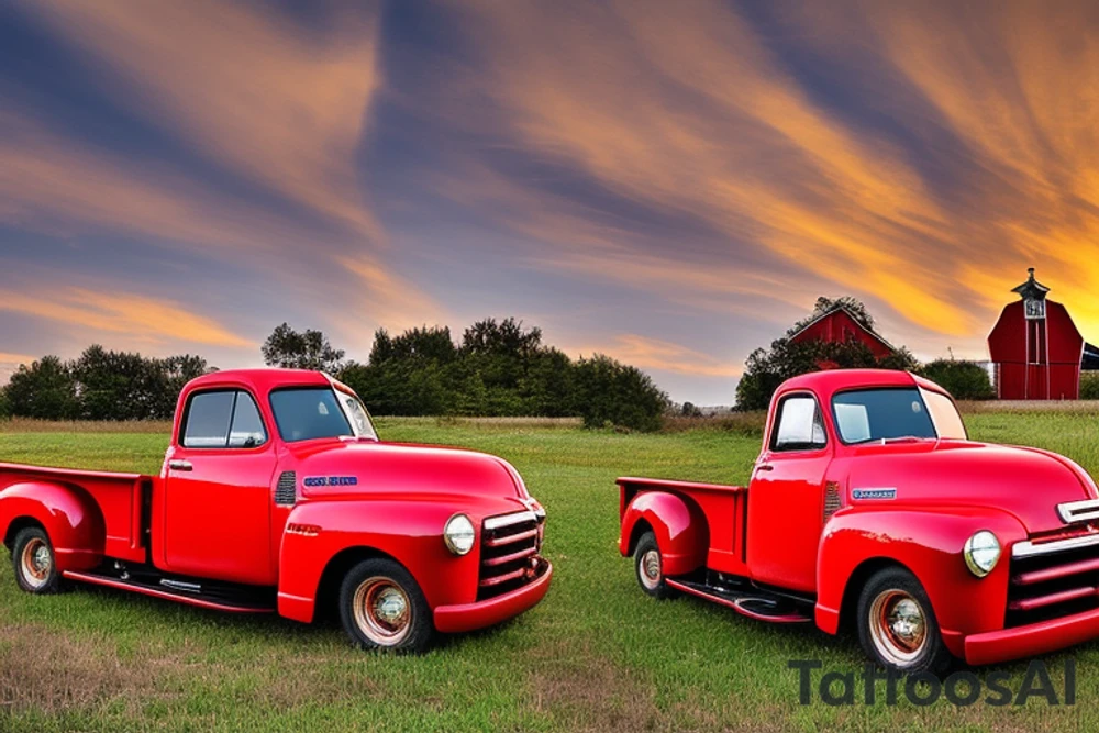 A rustic red and white '53 5-window GMC long bed pickup parked at an angle in front of a red barn with the setting sun in the background. The setting sun is shaped like a sunflower. tattoo idea