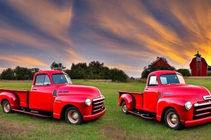 A rustic red and white '53 5-window GMC long bed pickup parked at an angle in front of a red barn with the setting sun in the background. The setting sun is shaped like a sunflower. tattoo idea