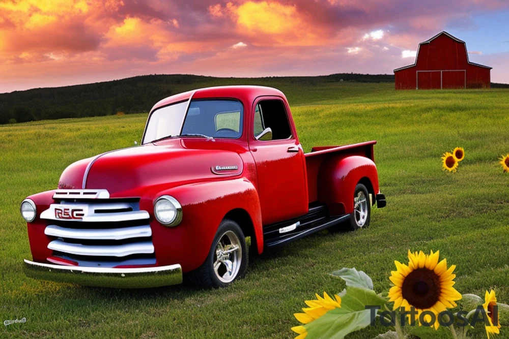 A rustic red and white '53 5-window GMC long bed pickup parked at an angle in front of a red barn with the setting sun in the background. The setting sun is shaped like a sunflower. tattoo idea