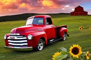 A rustic red and white '53 5-window GMC long bed pickup parked at an angle in front of a red barn with the setting sun in the background. The setting sun is shaped like a sunflower. tattoo idea