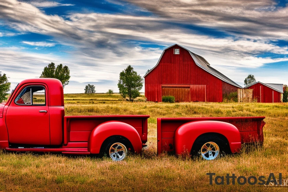 A rustic red and white '53 5-window GMC long bed pickup parked at an angle in front of a red barn with the setting sun in the background. The setting sun is shaped like a sunflower. tattoo idea