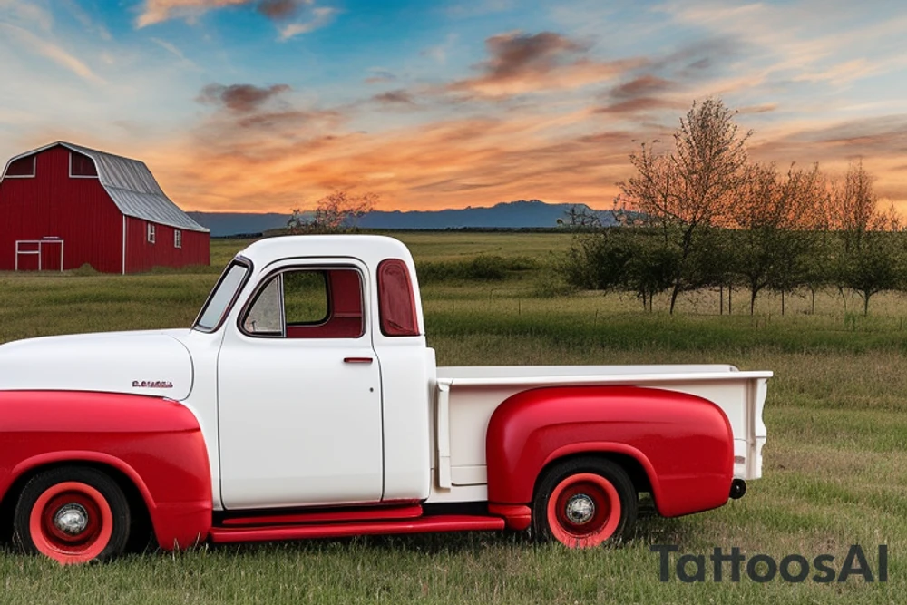 A rustic red and white '53 5-window GMC long bed pickup parked at an angle in front of a red barn with the setting sun in the background. The setting sun is shaped like a sunflower. tattoo idea