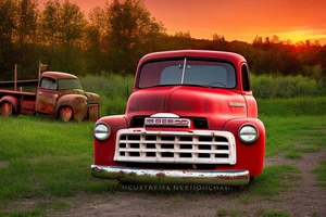 A broken down rustic red '53 5-window GMC long bed pickup parked at an angle in front of a red barn with the setting sun in the background. The setting sun is shaped like a sunflower. tattoo idea