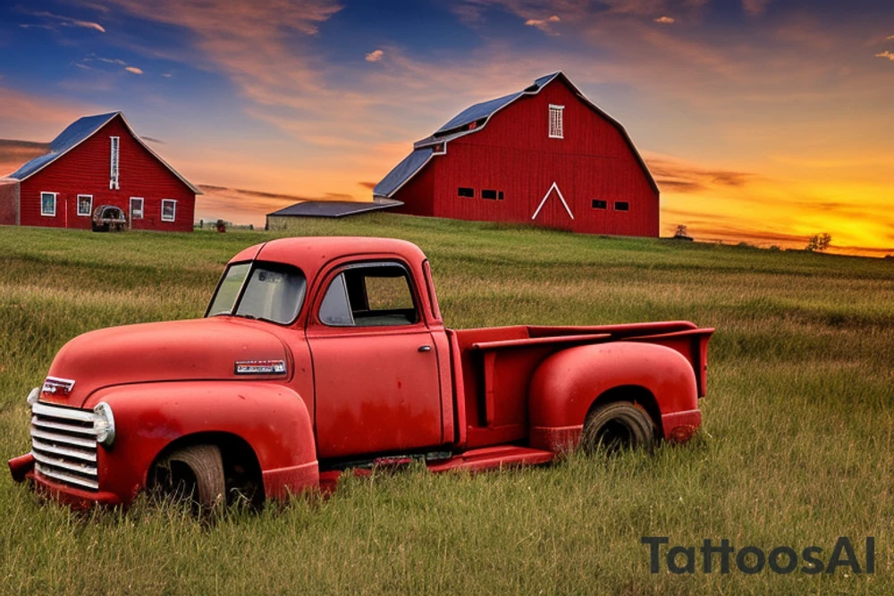 A broken down rustic red '53 5-window GMC long bed pickup parked at an angle in front of a red barn with the setting sun in the background. The setting sun is shaped like a sunflower. tattoo idea