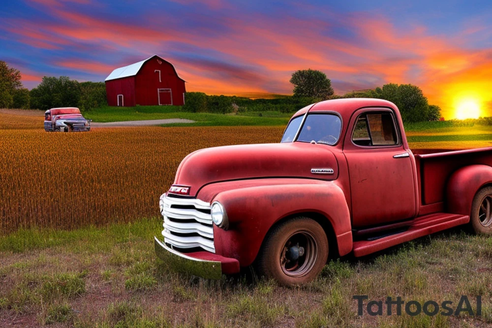 A broken down rustic red '53 5-window GMC long bed pickup parked at an angle in front of a red barn with the setting sun in the background. The setting sun is shaped like a sunflower. tattoo idea