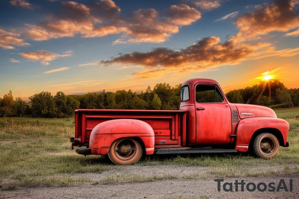 A broken down rustic red '53 5-window GMC long bed pickup parked at an angle in front of a red barn with the setting sun in the background. The setting sun is shaped like a sunflower. tattoo idea