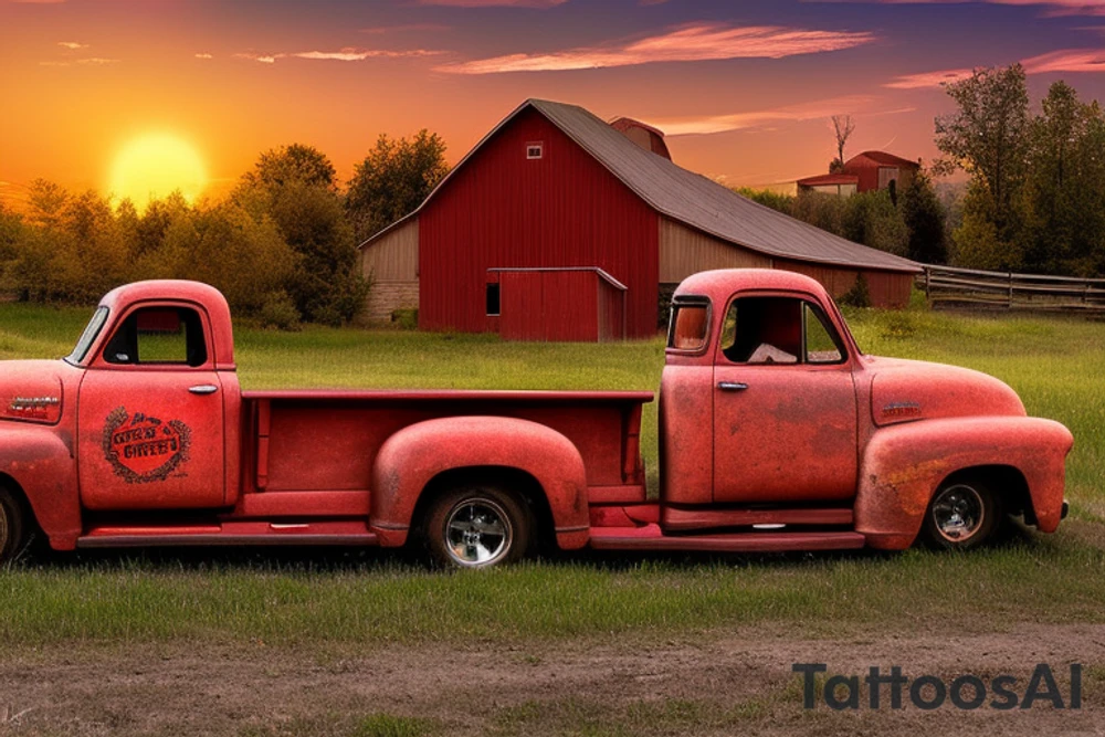 A broken down rustic red '53 5-window GMC long bed pickup parked at an angle in front of a red barn with the setting sun in the background. The setting sun is shaped like a sunflower. tattoo idea