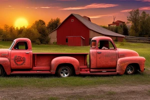 A broken down rustic red '53 5-window GMC long bed pickup parked at an angle in front of a red barn with the setting sun in the background. The setting sun is shaped like a sunflower. tattoo idea