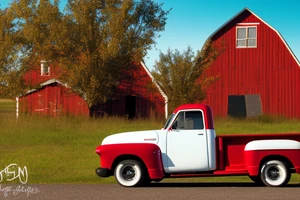 A rustic red with white roof '53 5-window GMC long bed pickup parked at an angle in front of a red barn with the setting sun in the background. The setting sun is shaped like a sunflower. tattoo idea