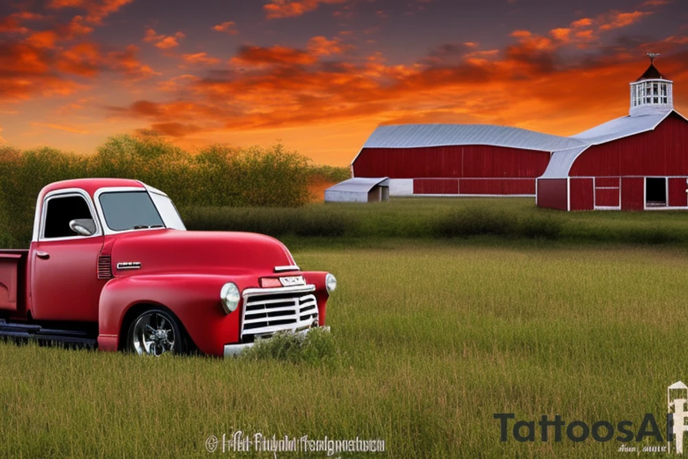 A rustic red with white roof '53 5-window GMC long bed pickup parked at an angle in front of a red barn with the setting sun in the background. The setting sun is shaped like a sunflower. tattoo idea