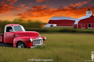 A rustic red with white roof '53 5-window GMC long bed pickup parked at an angle in front of a red barn with the setting sun in the background. The setting sun is shaped like a sunflower. tattoo idea
