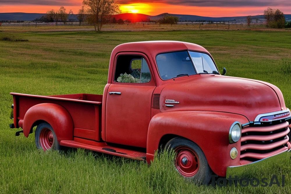 A rustic red with white roof '53 5-window GMC long bed pickup parked at an angle in front of a red barn with the setting sun in the background. The setting sun is shaped like a sunflower. tattoo idea