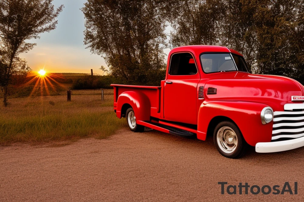 A rustic red with white roof '53 5-window GMC long bed pickup parked at an angle in front of a red barn with the setting sun in the background. The setting sun is shaped like a sunflower. tattoo idea