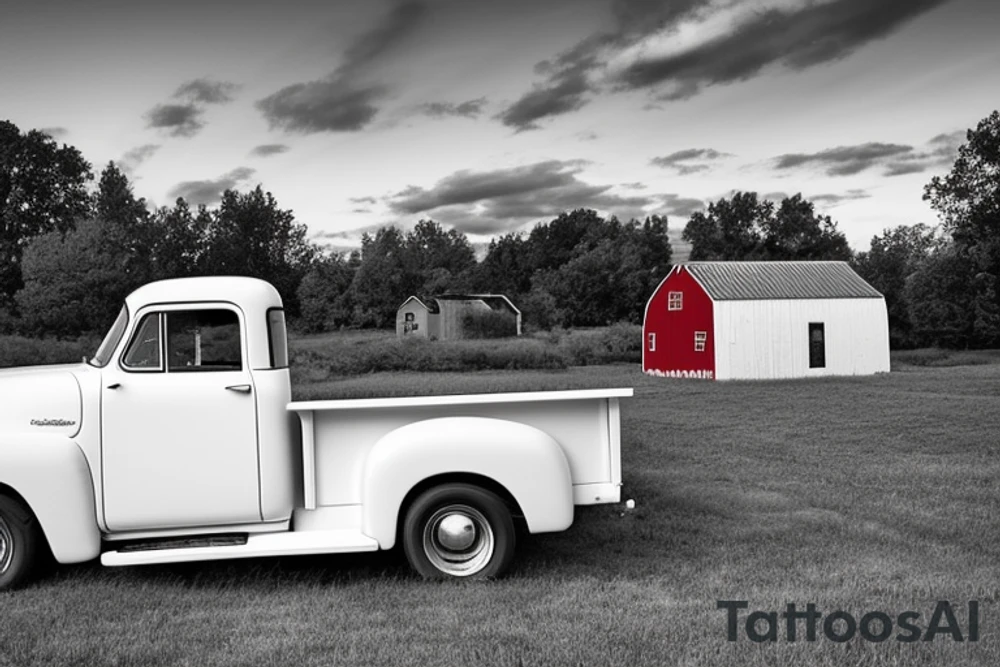 A red with white roof 1953 5-window GMC pickup parked at an angle in front of a red barn with the setting sun in the background. The setting sun is shaped like a sunflower. tattoo idea