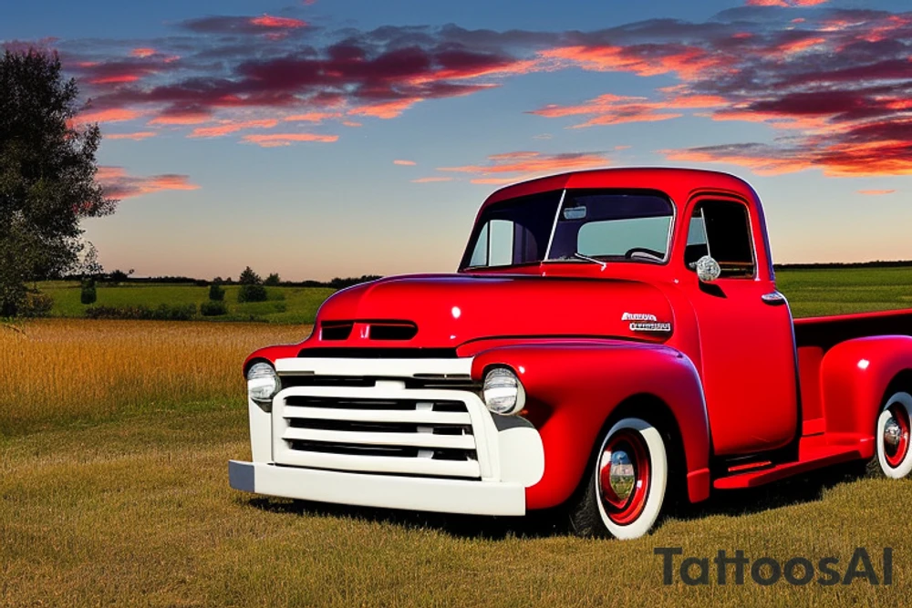 A red with white roof 1953 5-window GMC pickup parked at an angle in front of a red barn with the setting sun in the background. The setting sun is shaped like a sunflower. tattoo idea