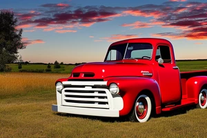 A red with white roof 1953 5-window GMC pickup parked at an angle in front of a red barn with the setting sun in the background. The setting sun is shaped like a sunflower. tattoo idea