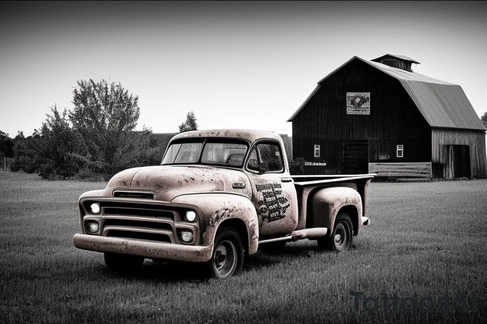 A broken down old GMC truck parked at an angle in front of an old weathered red barn with the setting sun in the background. The setting sun is shaped like a sunflower. Make everything black and white except the red barn and sunflower sun. tattoo idea