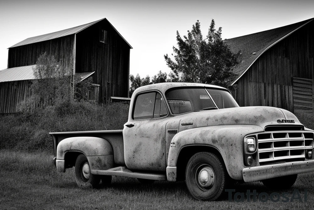 A broken down old GMC truck parked at an angle in front of an old weathered red barn with the setting sun in the background. The setting sun is shaped like a sunflower. Make everything black and white except the red barn and sunflower sun. tattoo idea