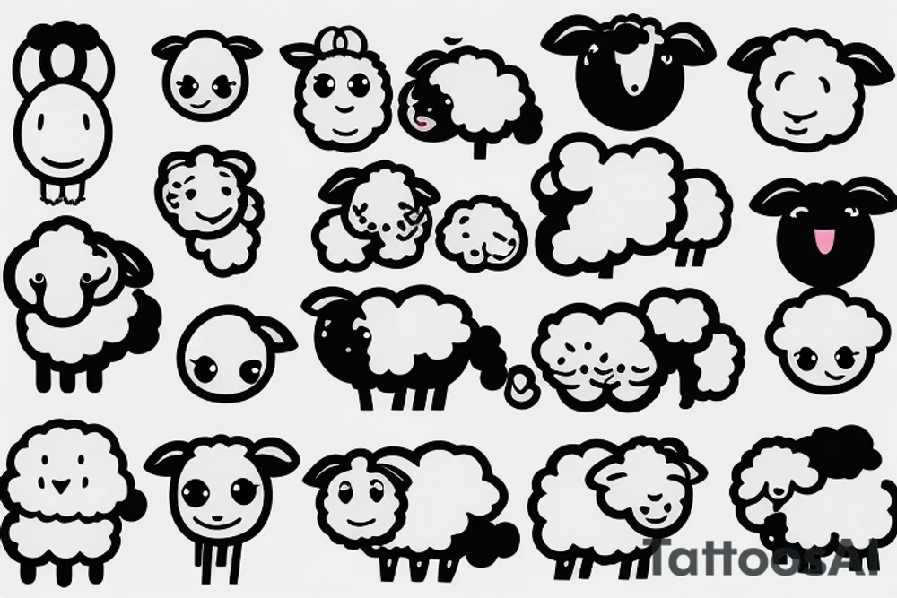 a cute cartoon sheep that has a fluffy body and head, also has long ears and round cartoon eyes tattoo idea