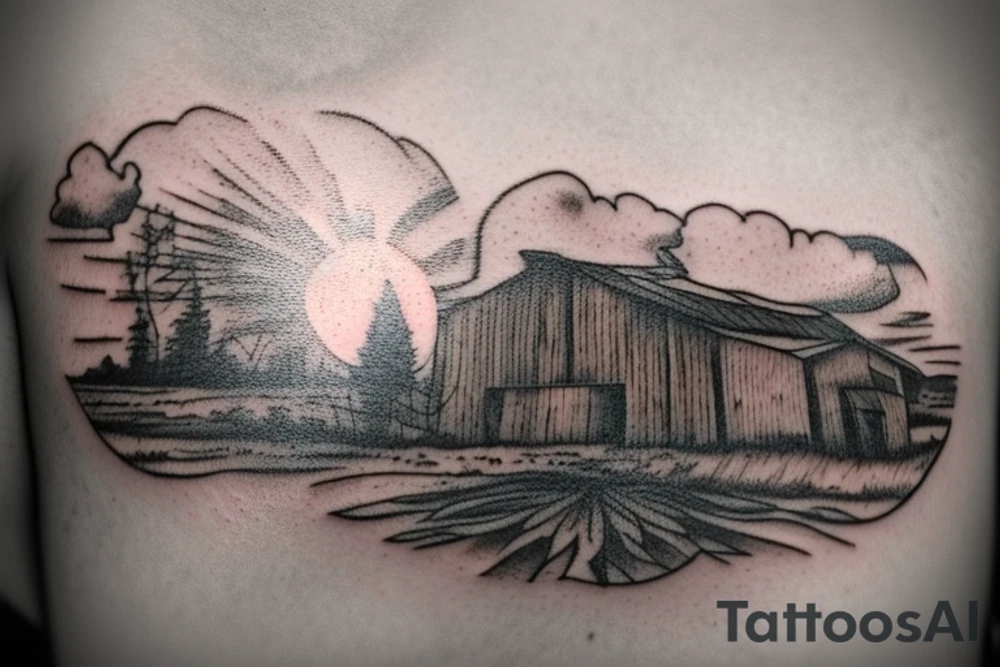 A tattoo of an old weathered red barn with the setting sun in the background. The setting sun is shaped like a sunflower. Make everything black and white except the red barn and sunflower sun. tattoo idea