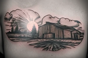 A tattoo of an old weathered red barn with the setting sun in the background. The setting sun is shaped like a sunflower. Make everything black and white except the red barn and sunflower sun. tattoo idea