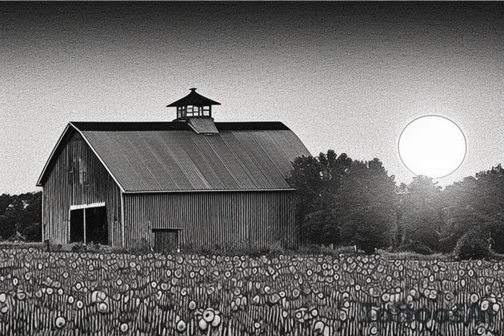 A tattoo of an old weathered red barn with the setting sun in the background. The setting sun is shaped like a sunflower. Make everything black and white except the red barn and sunflower sun. tattoo idea