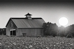 A tattoo of an old weathered red barn with the setting sun in the background. The setting sun is shaped like a sunflower. Make everything black and white except the red barn and sunflower sun. tattoo idea