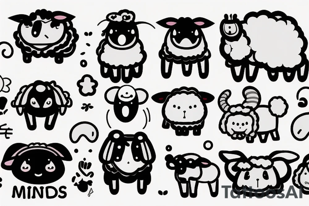 a cute cartoon sheep that has a fluffy body and head, also has long ears and round cartoon eyes tattoo idea