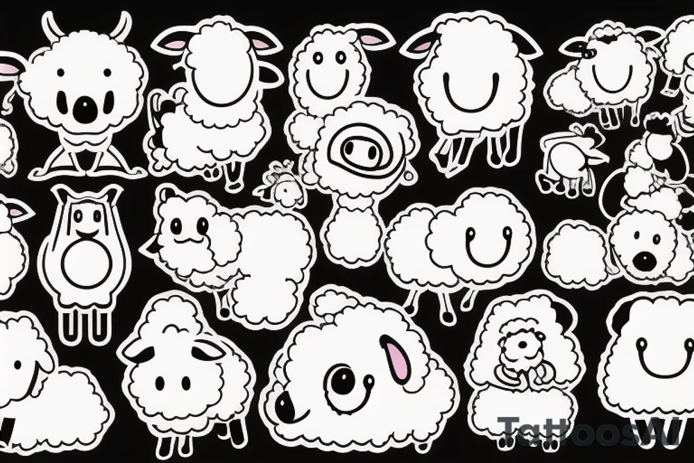 a cute cartoon sheep that has a fluffy body and head, also has long ears and round cartoon eyes tattoo idea