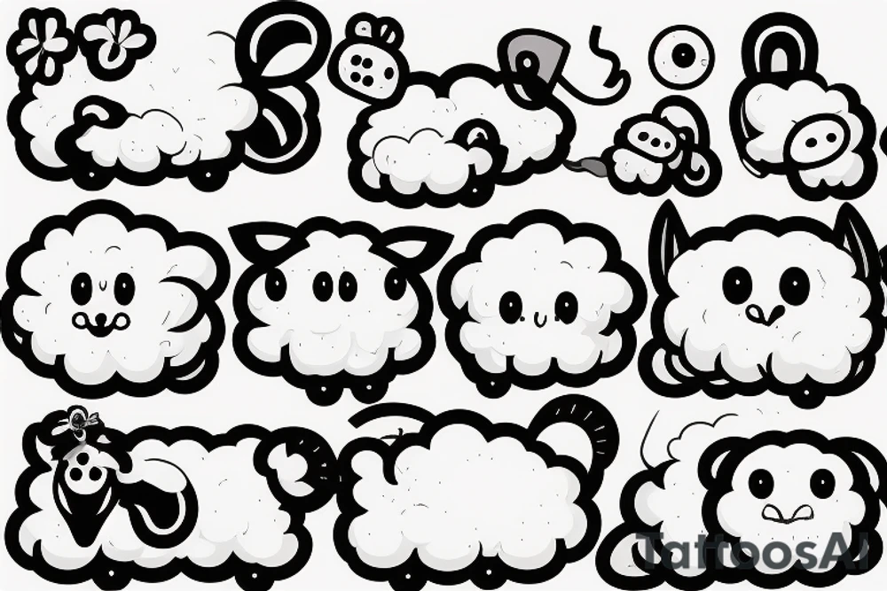 a cute cartoon sheep that has a fluffy body and head, also has long ears and round cartoon eyes tattoo idea