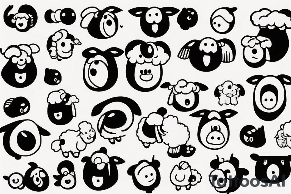 a cute cartoon sheep, full body, that has a fluffy body and head, also has long ears and round cartoon eyes tattoo idea