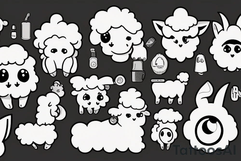 a cute cartoon sheep, full body, that has a fluffy body and head, also has long ears and round cartoon eyes tattoo idea