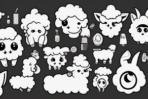 a cute cartoon sheep, full body, that has a fluffy body and head, also has long ears and round cartoon eyes tattoo idea