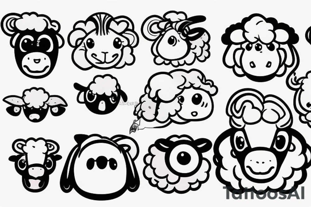a cute cartoon sheep, full body, that has a fluffy body and head, also has long ears and round cartoon eyes tattoo idea
