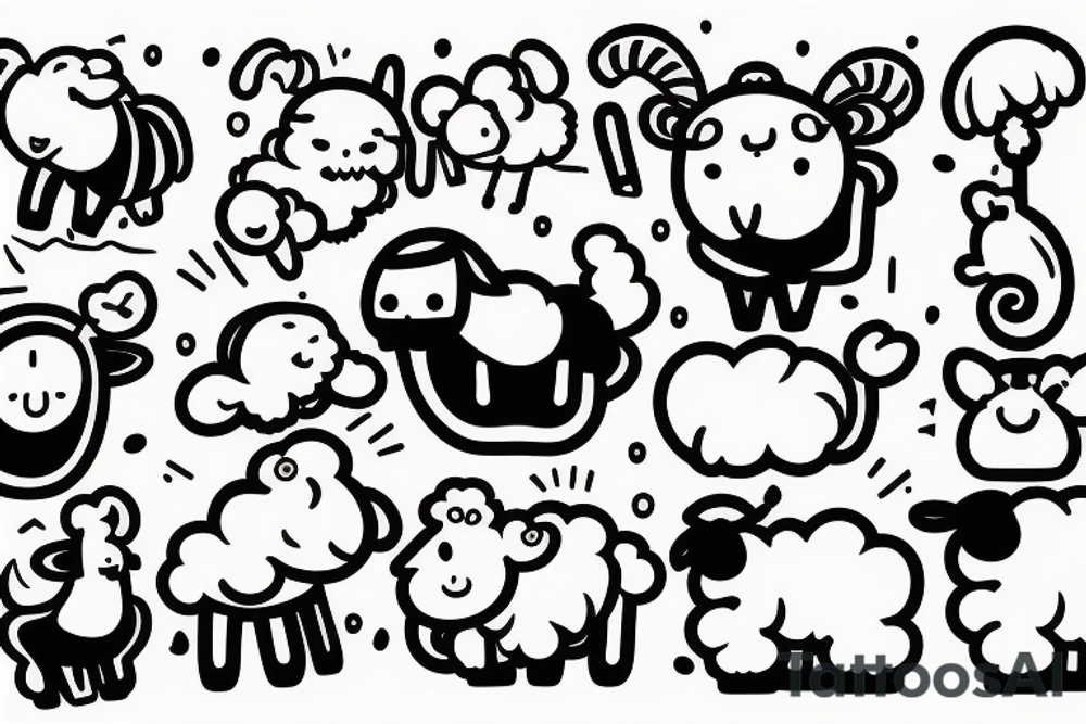 a cute cartoon sheep, full body, that has a fluffy body and head, also has long ears and round cartoon eyes tattoo idea