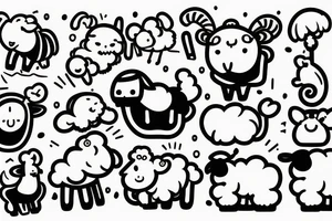 a cute cartoon sheep, full body, that has a fluffy body and head, also has long ears and round cartoon eyes tattoo idea