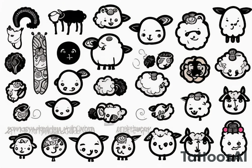 a sheep, full body, that has a fluffy body and head, also has long ears and round cartoon eyes tattoo idea