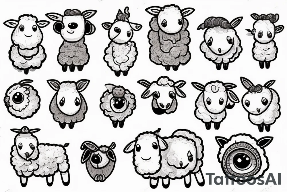 a sheep, full body, that has a fluffy body and head, also has long ears and round cartoon eyes tattoo idea