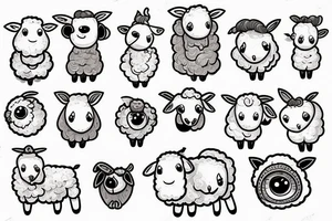 a sheep, full body, that has a fluffy body and head, also has long ears and round cartoon eyes tattoo idea