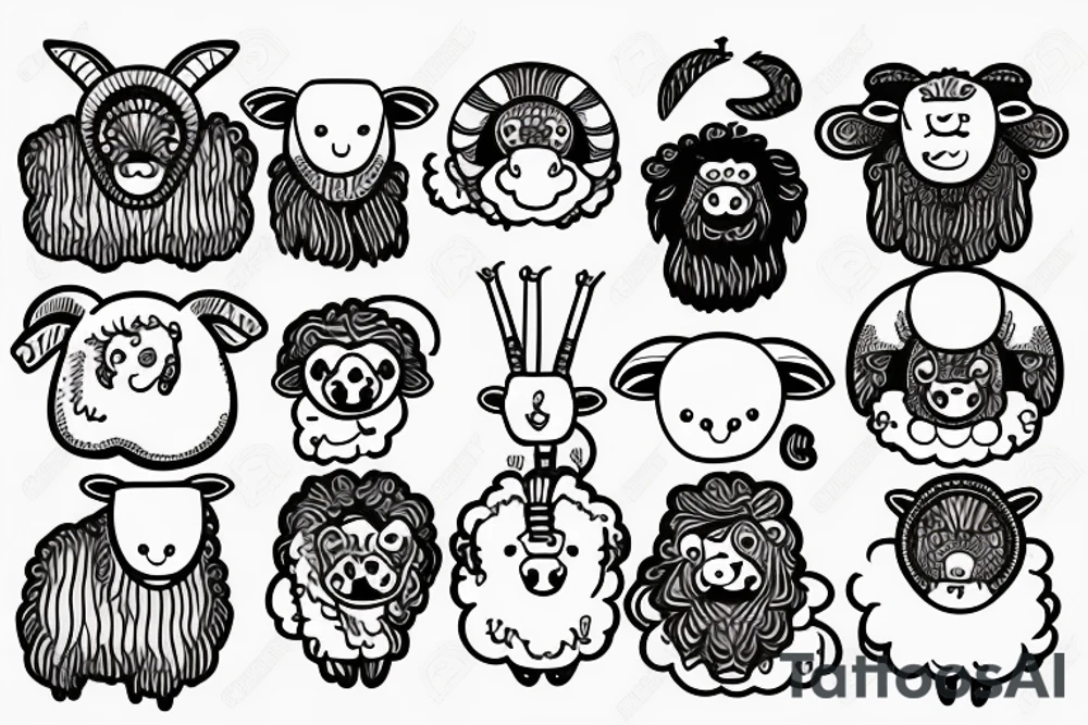 a sheep, that has a fluffy body and head, also has long ears and round eyes tattoo idea