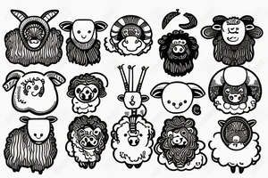 a sheep, that has a fluffy body and head, also has long ears and round eyes tattoo idea