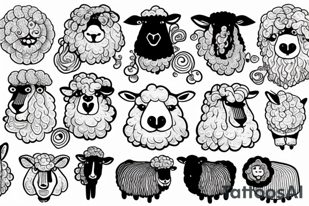 a sheep, that has a fluffy body and head, also has long ears and round eyes tattoo idea