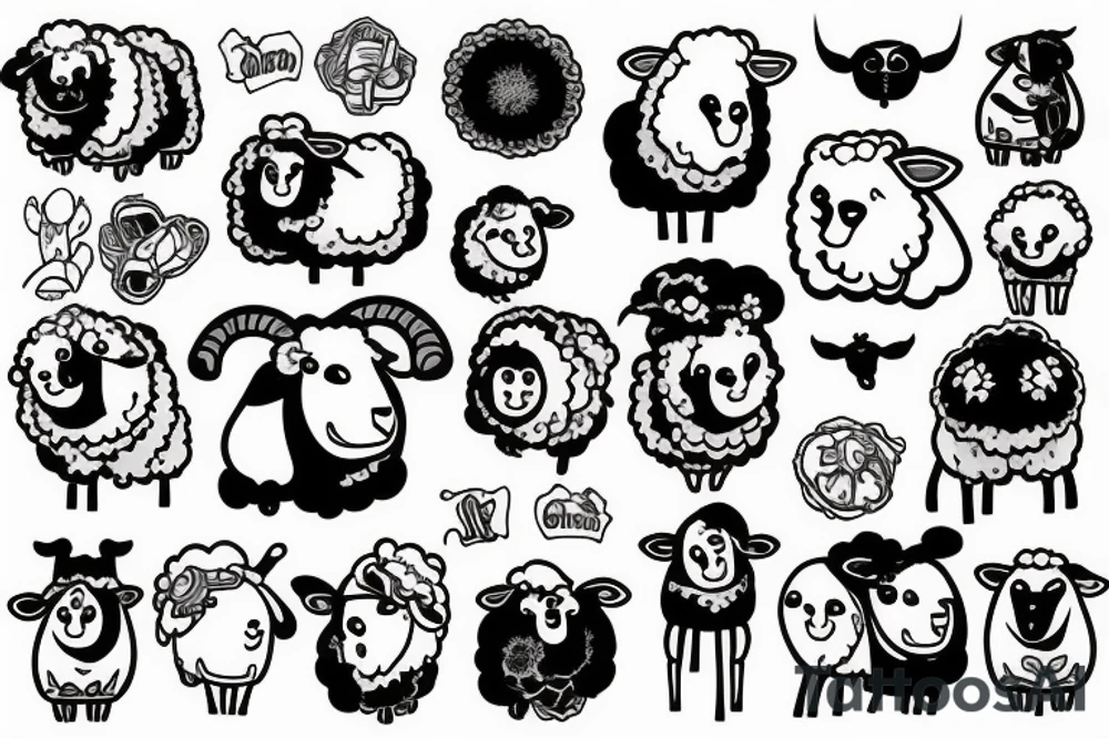 a sheep, that has a fluffy body and head with long hanging ears tattoo idea