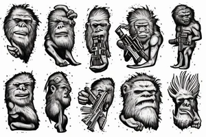 Sasquatch holding a piece of pizza in one hand and an AR-15 in the other tattoo idea