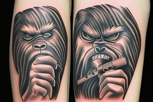 Sasquatch holding a piece of pizza in one hand and an AR-15 in the other tattoo idea